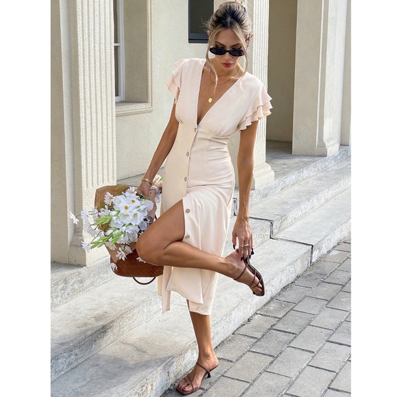 Beige Midi Dress V-Neck Ruffle Sleeve Button Through - Picture 6 of 9